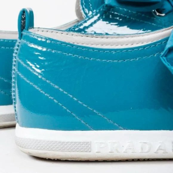 Prada Blue Patent Leather Ribbon Lace-Up Sneakers - Picture 9 of 10